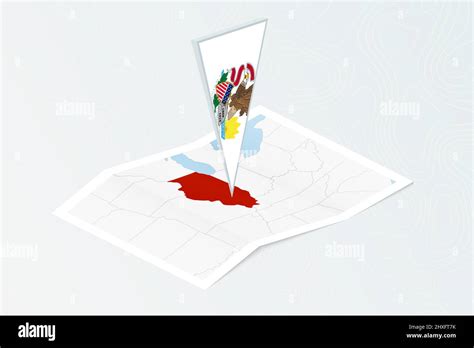 Isometric paper map of Illinois with triangular flag of Illinois in isometric style. Map on ...