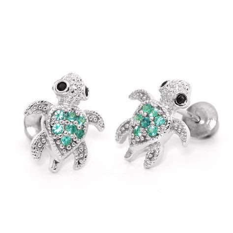 Amazon.com: Sterling Silver Rhodium Plated Green Turtle Children Screwback Earrings Baby ...