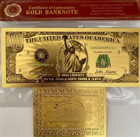 Sold at Auction: Certificate of Authenticity Gold Banknote Miss Liberty One Million Dollars