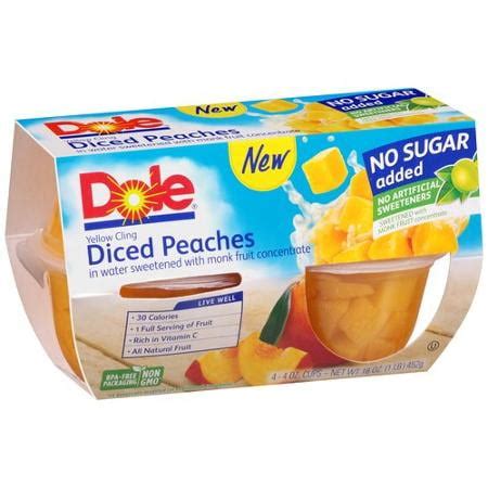 Dole No Sugar Added Yellow Cling Diced Peaches Fruit Cups, 4 oz, 4 ct - Walmart.com