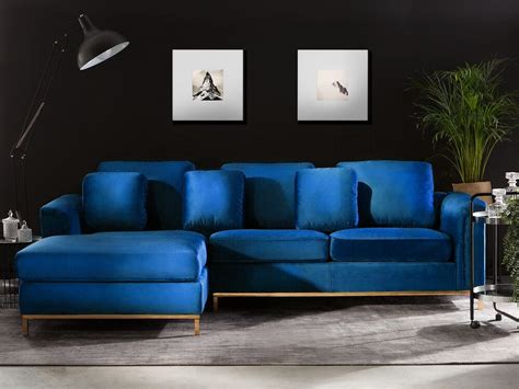 Right Hand Velvet Corner Sofa Navy Blue OSLO | Beliani.co.uk