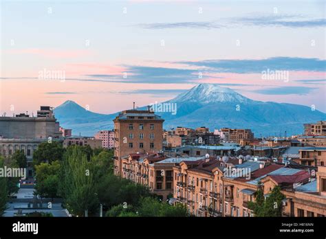 Mount Ararat and Yerevan viewed from Cascade at sunrise, Yerevan Stock ...