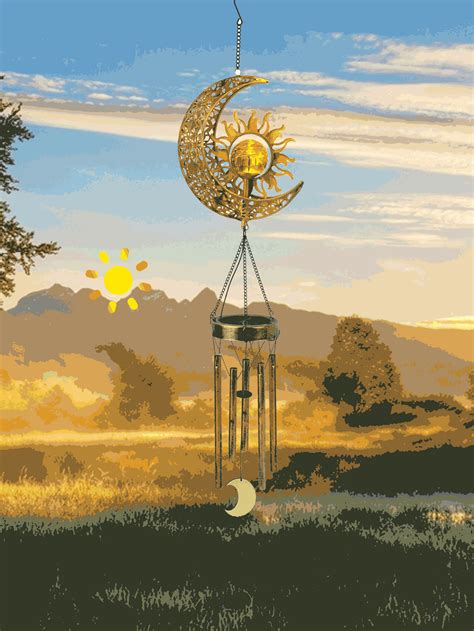 1pc Solar-powered Cracked Glass Ball Wind Chime Light With Moon & Sun Design, Waterproof Outdoor ...