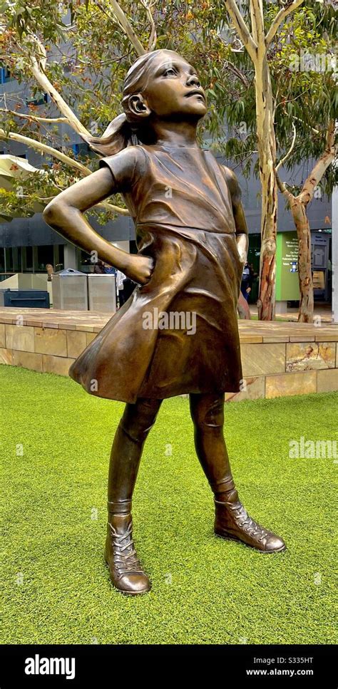 “Fearless Girl” by sculptor Kristen Visbal standing in Federation Square, Melbourn. The original ...