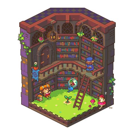 the game's interior is made up of bookshelves, stairs and plants