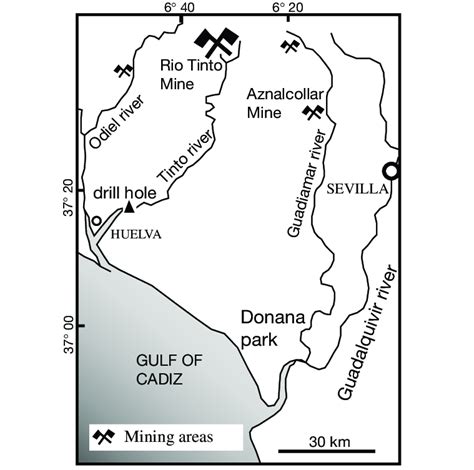 Sketch map (southwest Spain) showing the location of the Rio Tinto and... | Download Scientific ...