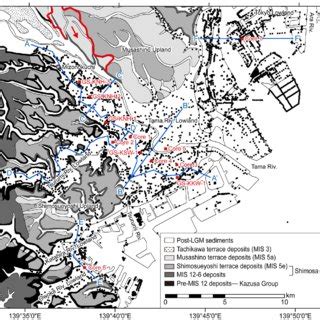 Geological map of the area in and around the Tama River Lowland. Red ...