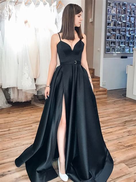 V Neck Black Satin Prom Dresses, Black Long Formal Evening Graduation – jbydress