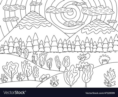 Coloring page with mountain landscape Royalty Free Vector