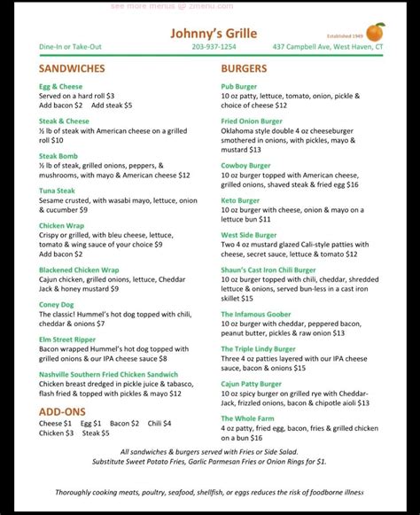 Menu at Johnny's Grill pub & bar, West Haven