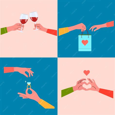 Premium Vector | Set of cards with hand gestures heart glass of wine gift and ring vector flat ...