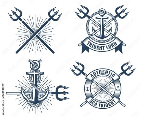 Vintage hipster navy tattoo logos with crossed tridents ribbons and anchors. Vector illustration ...