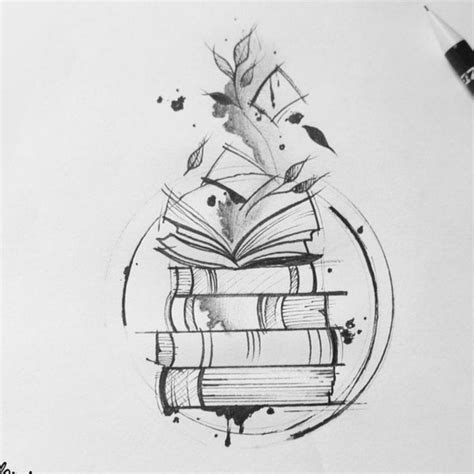 a pen and ink drawing of books with a feather on top in a circular frame