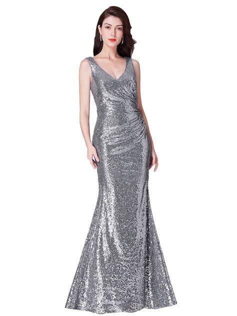 Ever-Pretty V Neck Formal Sequins Homecoming Dresses Long Silver Prom ...