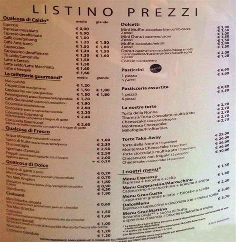 Menu at McCafè cafe, Milan, 1° Piano