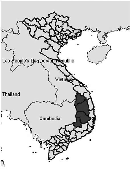 Map of Vietnam showing the location of the Central Highlands (dark grey ...