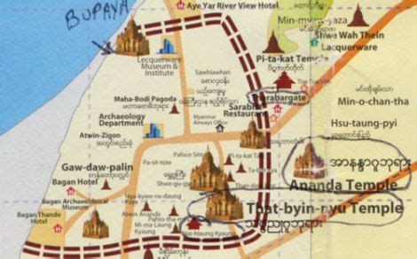 Map of Old Bagan showing the location of Ananda and Thatbyinnyu Temples ...