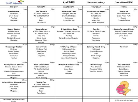 Middle School Lunch Menu