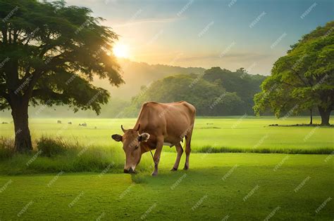 Premium Photo | A cow in a field with a sunset behind it