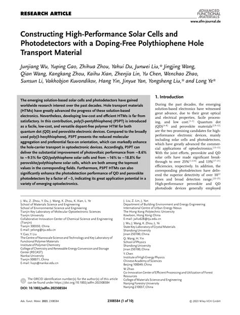 Constructing High‐Performance Solar Cells and Photodetectors with a Doping‐Free Polythiophene ...