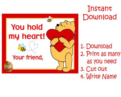 Winne the Pooh Valentine's Day Cards Printable Instant - Etsy