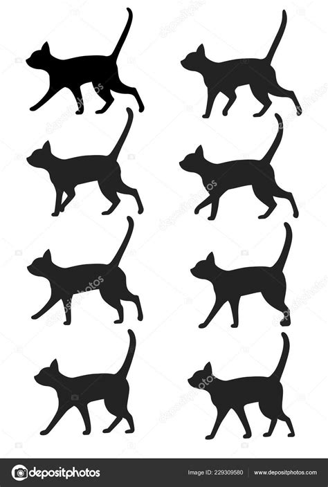 Set Black Cat Silhouette Icon Collection Black Cat Poses Walk Stock ...