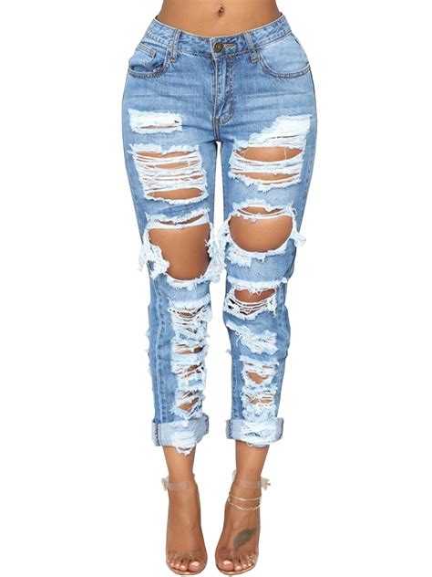 Personality Mid Waist Ripped Jeans for Women