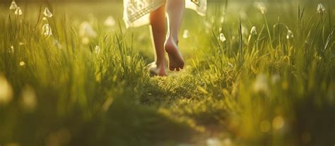 Premium AI Image | Happy child running barefoot outdoors on green grass at sunset representing ...