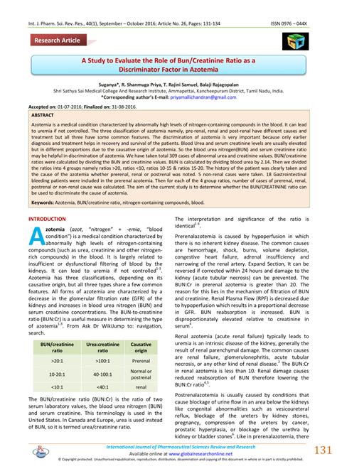 (PDF) A study to evaluate the role of Bun/creatinine ratio as a ...