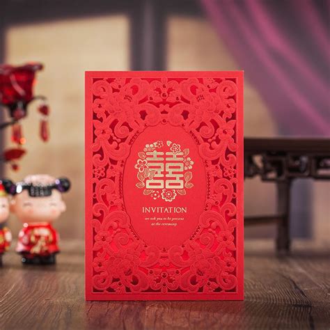 Chinese Style Double Happiness Wedding Invitations Elegant Red Flower Frame Card Invite Friend ...