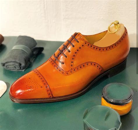 Handmade Men’s Tan Color Leather Shoes, Men Cap Toe Dress Formal Lace ...