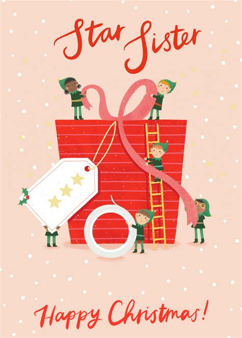 Personalised Cute Elves & Gift Christmas Card for Sister – Hallmark