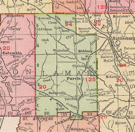 Lamar County, Mississippi, 1911, Map, Rand McNally, Purvis, Lumberton, Sumrall