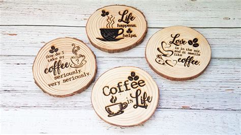 Set of Coffee Themed Coasters / Round Sliced Wooden Coasters / | Etsy