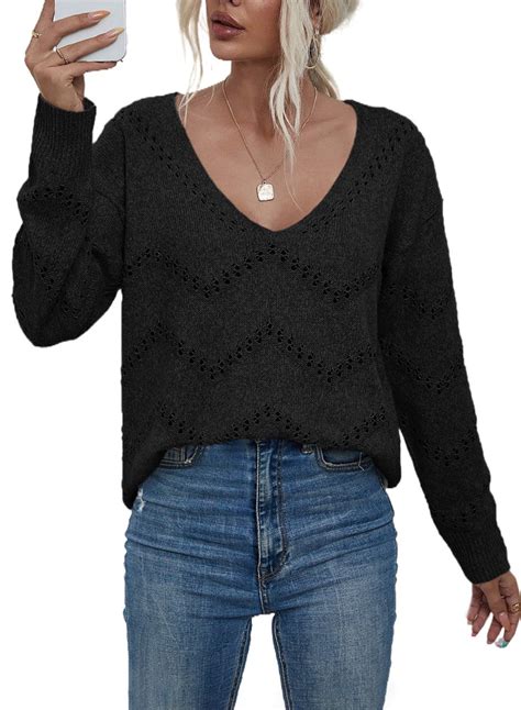 AlvaQ Women's Crochet Sweater Top Hollow Out Long Sleeve Pullover Tops ...