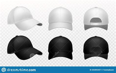 Baseball Cap. Realistic Black and White Hat Mockup, Front Side and Back ...