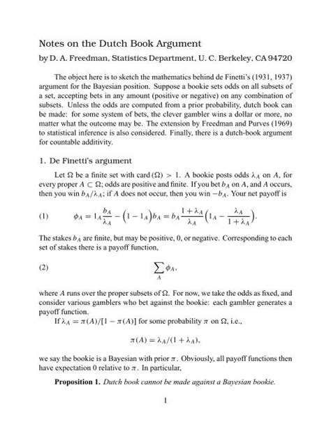 Notes on the Dutch Book Argument - Department of Statistics