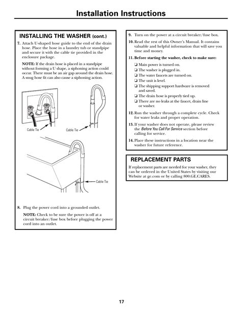 Installation instructions, Installing the washer, Replacement parts | GE Front Load Washer ...