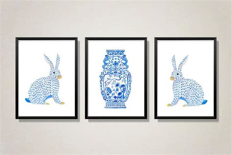 Blue and White Ginger Jar Vase Set of 3 Watercolor Rabbit - Etsy