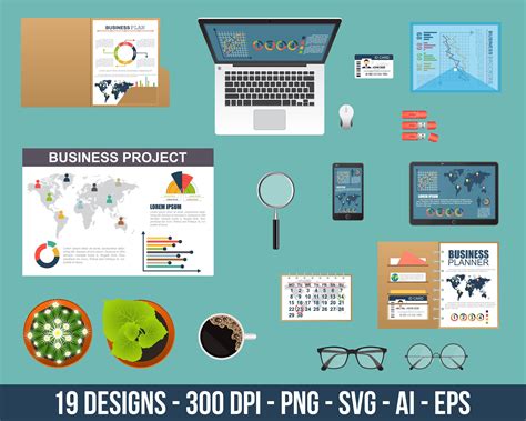 Business desktop tools clipart set. Digital images or vector graphics for commercial and ...