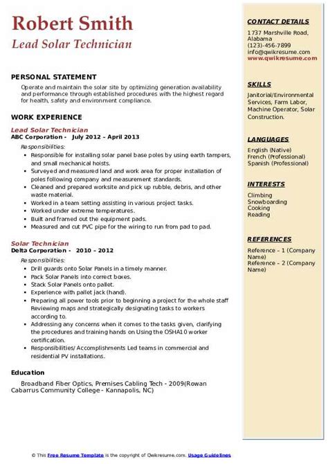 Solar Technician Resume Samples | QwikResume