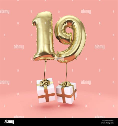 Number 19 birthday celebration gold foil helium balloon with presents. 3D Render Stock Photo - Alamy