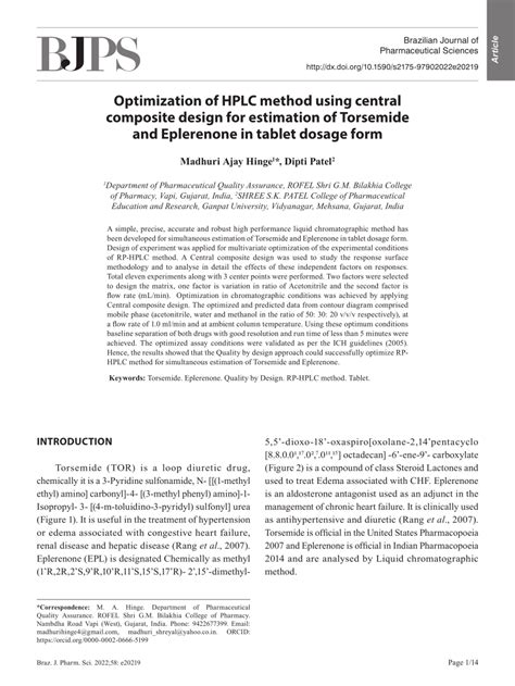 (PDF) Optimization of HPLC method using central composite design for estimation of Torsemide and ...