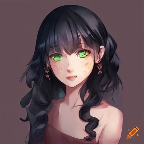 Anime girl with dark hair, green eyes, and freckles