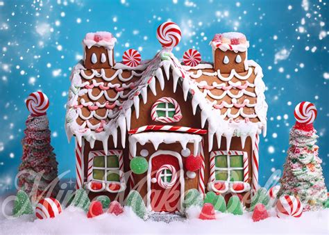 Kate Christmas Colorful Gingerbread House with Snow Winter Backdrop for Photography