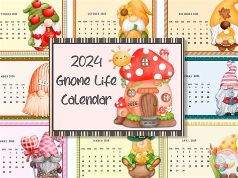 2024 Printable Gnome Life Monthly Desk Calendar, Cute Whimsical Cottagecore Office Desk ...