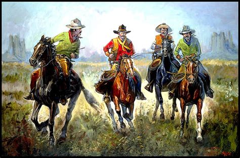 HD wallpaper: Old West Cowboys, four cowboys riding on horse ...