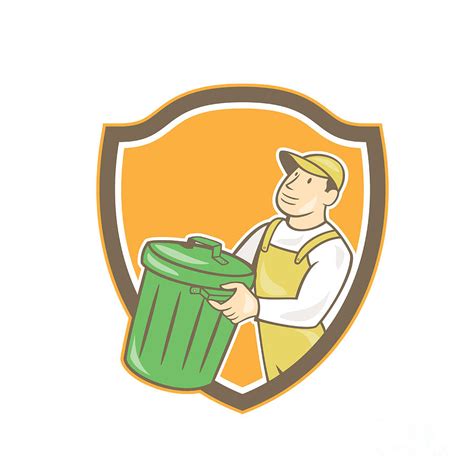 Garbage Collector Carrying Bin Shield Cartoon Digital Art by Aloysius ...