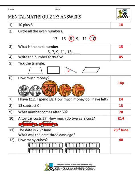 Printable Mental Maths Year 2 Worksheets