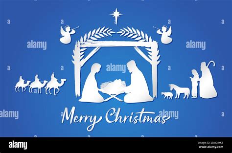 Christmas scene of baby Jesus in the manger. Mary and Joseph silhouettes, Bethlehem star, angels ...